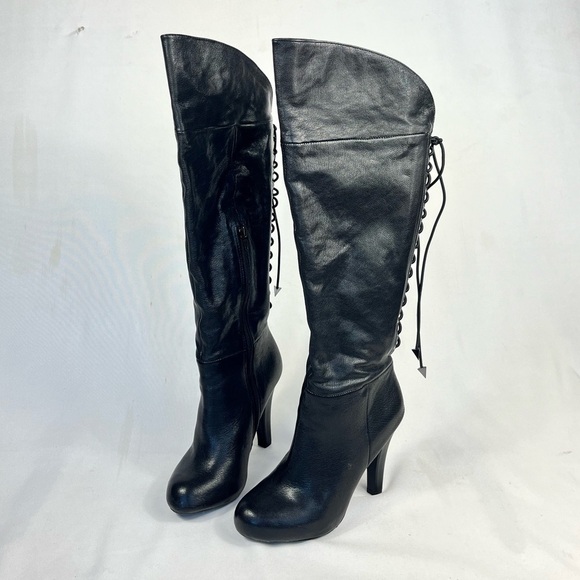 Gianni Bini Black Leather Knee High Lace Up Heel Boots - Picture 1 of 12